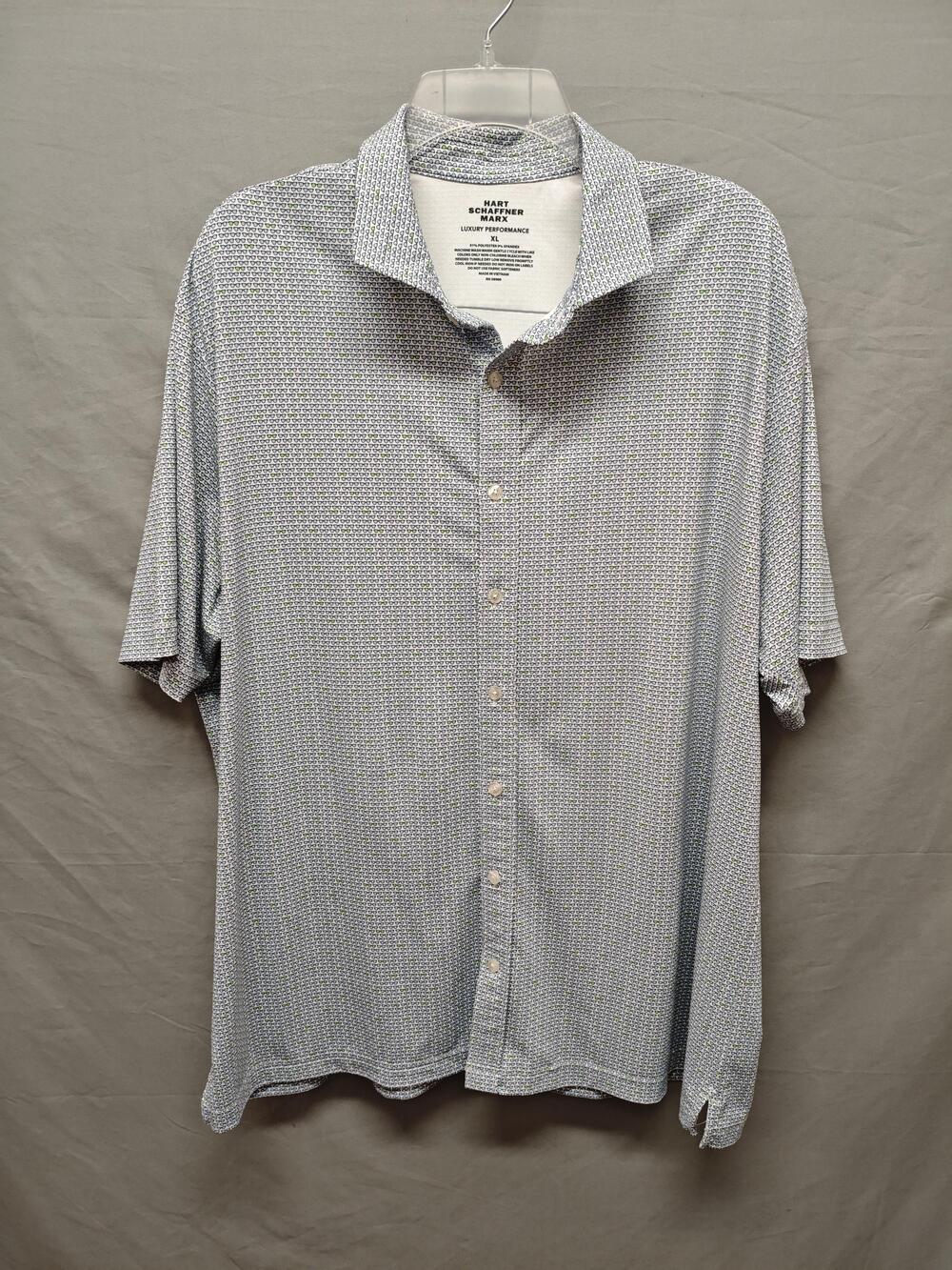 Hart Schaffner Marx Shirt Mens XL Blue White Glasses Print Button Short Sleeve